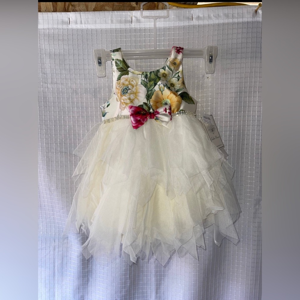 Floral Tulle Dress with Pink Bow COUTURE PRINCESS • Dress with diaper cover NEW
